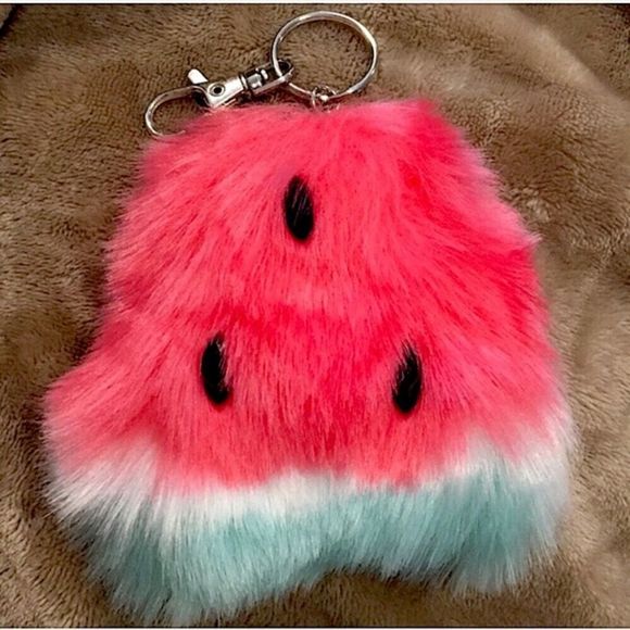 Red & Green Fuzzy Watermelon Pom Pom Keychain - Picture 1 of 6